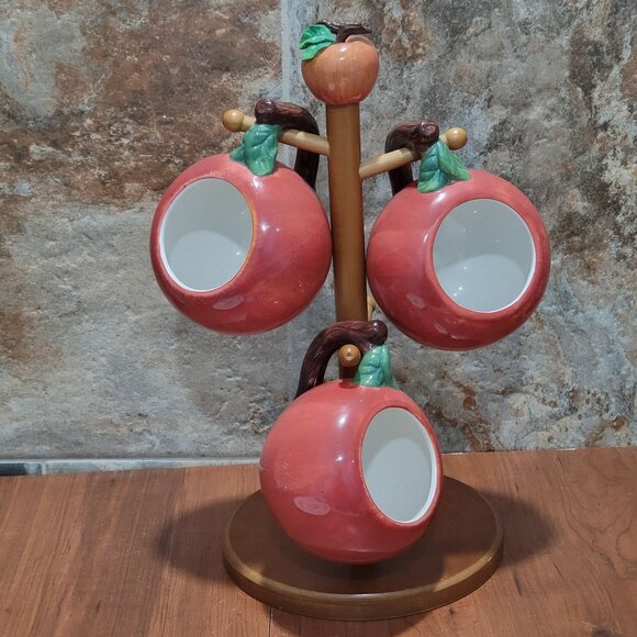 Vintage Jay 3 Apple Wide Mugs with Wooden Holding Rack - Picture 1 of 15